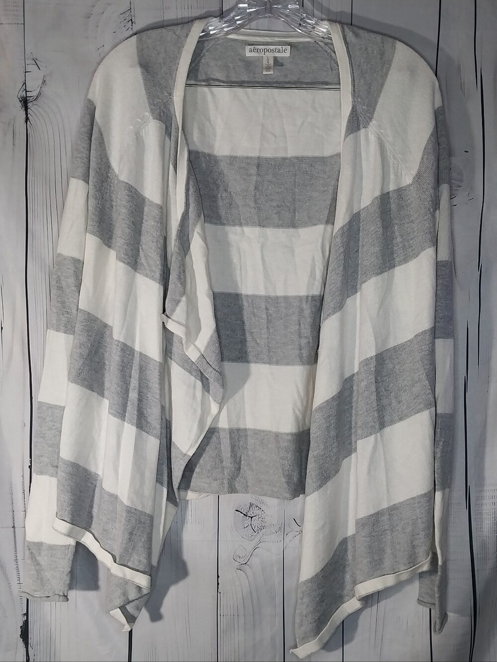 Aeropostale Gray & White Striped Open Casual Draped Preppy Cardigan Sweater